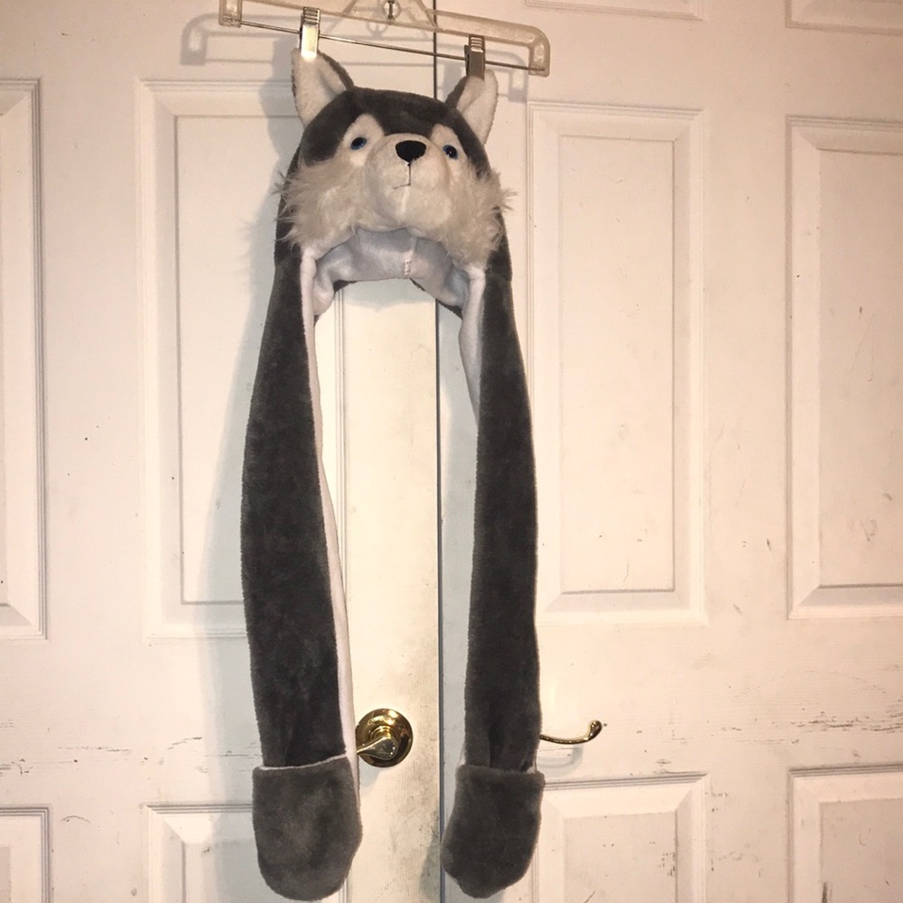 Gray Wolf Plush Hat with Paws